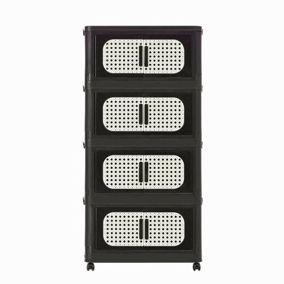 Retro 20" Side Wide Folding Storage Cabinet ,4 Tiers,19.69"×11.81"×40.55",Collapsible Storage Bins With Magnetic Door, Plastic Storage Cabinet With Wheels