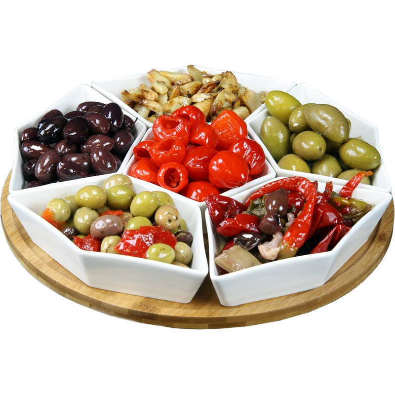 Elama Signature 12 Inch 7-Piece Condiment Server Set with a Bamboo Lazy Suzan Serving Tray