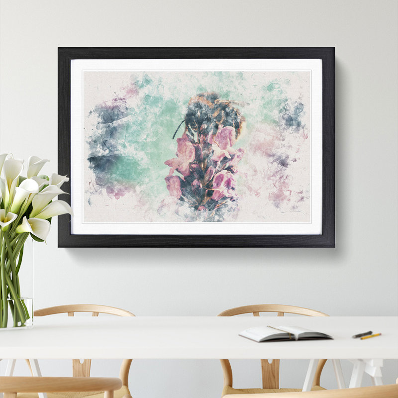 Bee on a Purple Flower Watercolour - Picture Frame Graphic Art Print, 40cm H x 60cm W x 2cm D, Black Framed