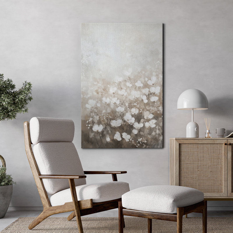 «Neutral White Blossom Field», impression sur toile - décor floral rustique doux pour le salon ou la chambre à coucher