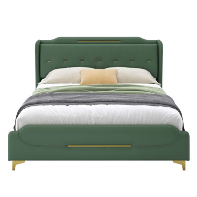 Queen Size PU Leather Platform Bed with Wingback Headboard - No Box Spring Needed, Heavy Duty Bed Frame for Bedroom, Grey