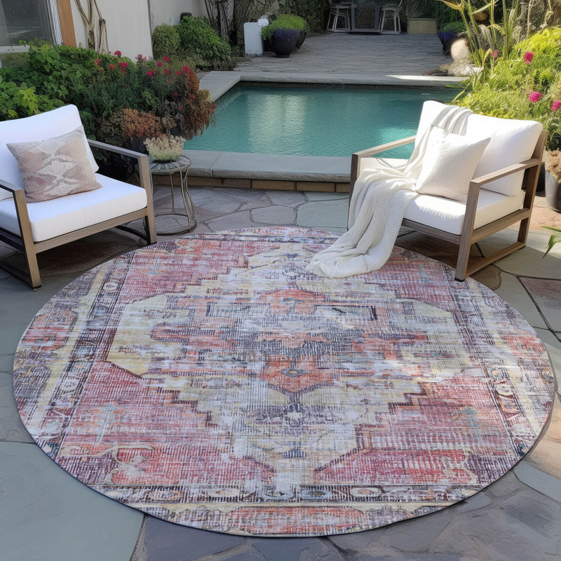 Machine Washable Indoor/Outdoor Xhevrie Paprika Rug, Round 8'