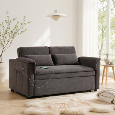 Convertible Two Seater Pull Out Sofa Bed with Adjustable Backrest, USB Ports, Side Pockets and Waist Pillows for Comfortable Living Room Lounging