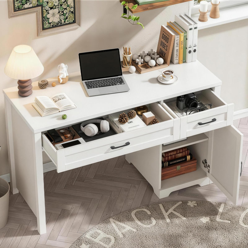 Bureau d'ordinateur avec tiroirs Farmhouse, Blanc