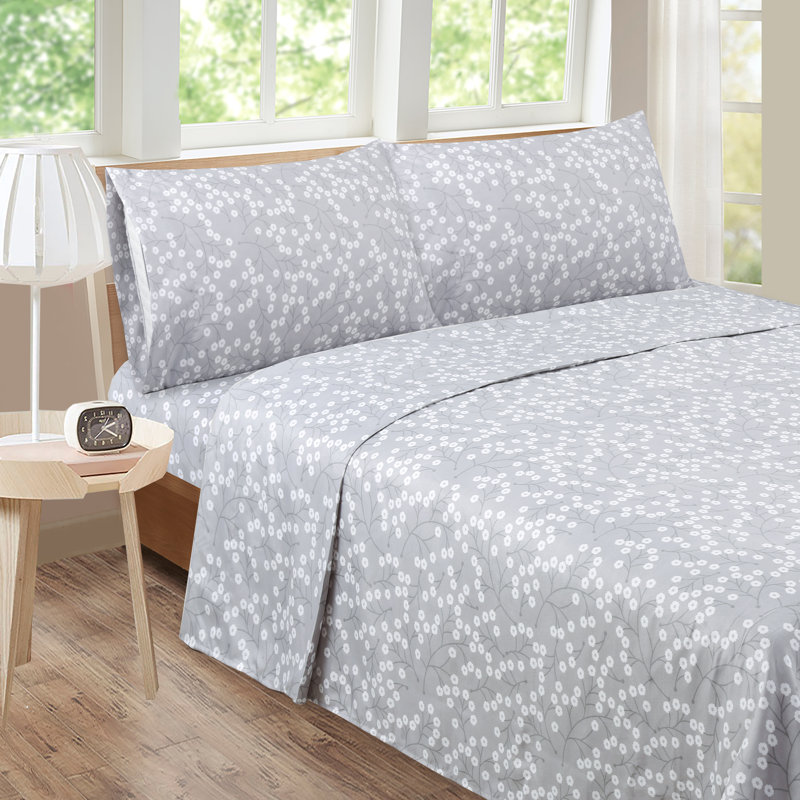 Hijiri Microfiber Sheet Set, Floral, Gray, Full/Double