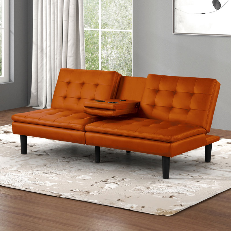Orange Contemporary Futon Bed With Biscuit - Seat And Back, Ports, Drop Down Table Changing Adaptability, 71.5"W X 35.5"D 32"H Style Tufting On Seat, A & C Chargers Making Function,