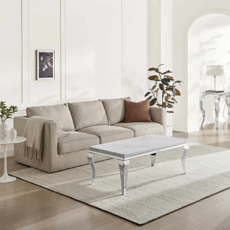 Weissport Rectangular White Marble Glass And Metal Coffee Table - Elegant Bevelled Edge Finish