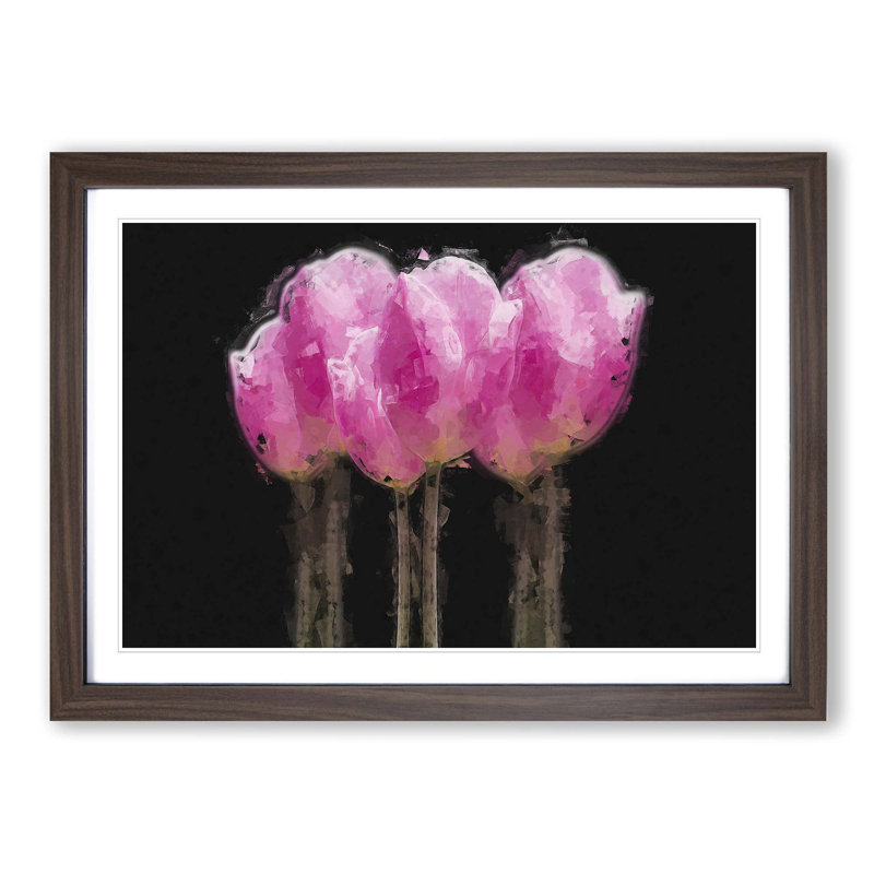 Row of Pink Tulips in Abstract - Picture Frame Painting Print, 60cm H x 91cm W x 2cm D, Walnut