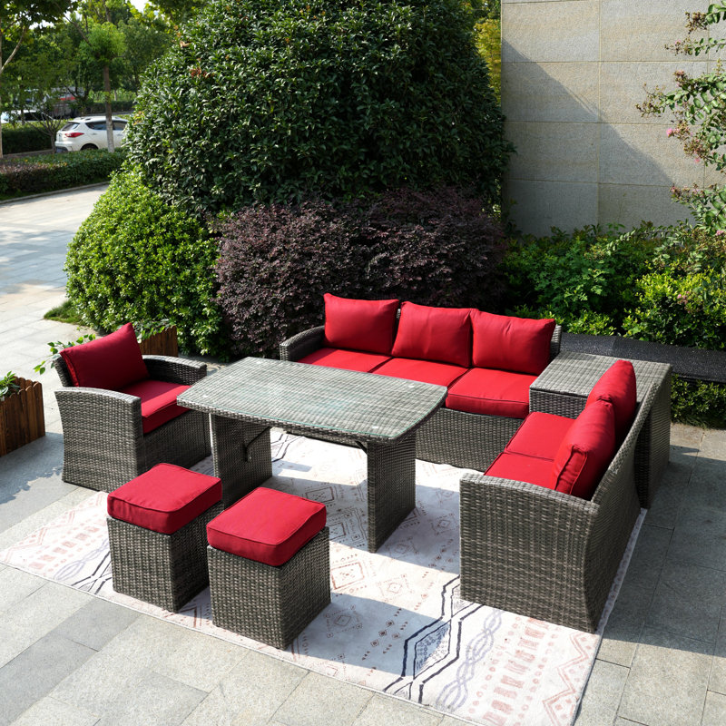 6 - Person Patio Conversation Set with Cushions, Red, Gray