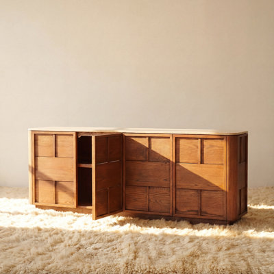Hearth 84" Brown Oak Sideboard with Honed Travertine Top – Modern Buffet Storage Cabinet