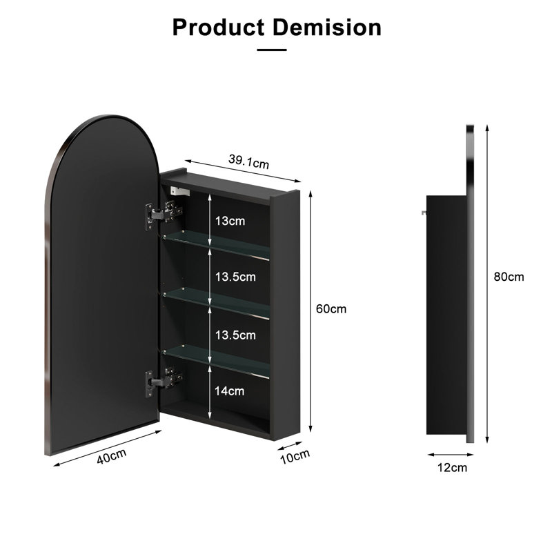 Aishwarya 40x80cm Arched Retro Mirror Cabinet with 3 Glass Shelves, Brushed Black