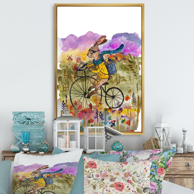 Mignon tour de vélo de lapin - peinture, H 12 po x l 8 po x P 1 po, Cadre flottant doré