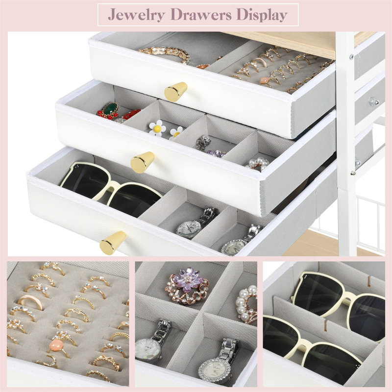 White Modern Jewellery Organizer Stand With Built-In Mirror, Ample Storage, And Creative Design, White