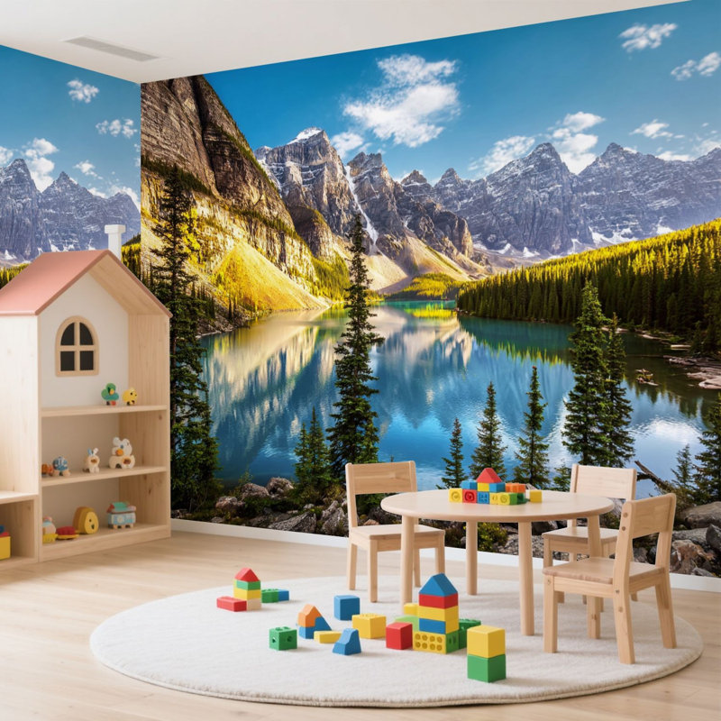 Papier peint adhésif pelez et collez paysage coucher de soleil vue Morain lac montagne art mural auto-adhésif et amovible