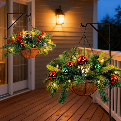 2 Set Artificial Ceder Christmas Hanging Baskets With Pinecones And Berry Clusters, 2 Hanging Planters For Outdoor Indoor Front Porch, Garden, Patio, Home Decor