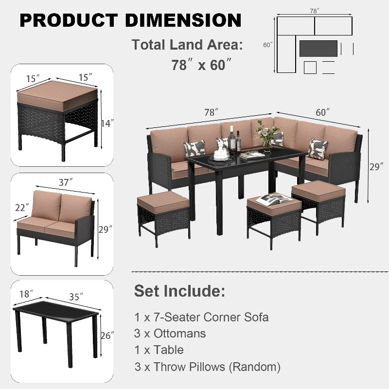 7-Piece Patio Furniture Set, Outdoor Couch With Coffee Table & Ottomans, PE Rattan Sofa Set With Cushions For Deck, Yard, Poolside