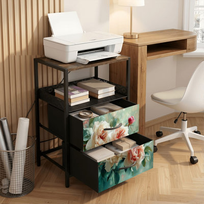 Table de chevet 2 tiroirs avec station de charge, table de chevet de chambre à coucher avec ports USB, tablette ouverte noire, table de chevet avec imprimé floral de feuilles de pivoines pastel