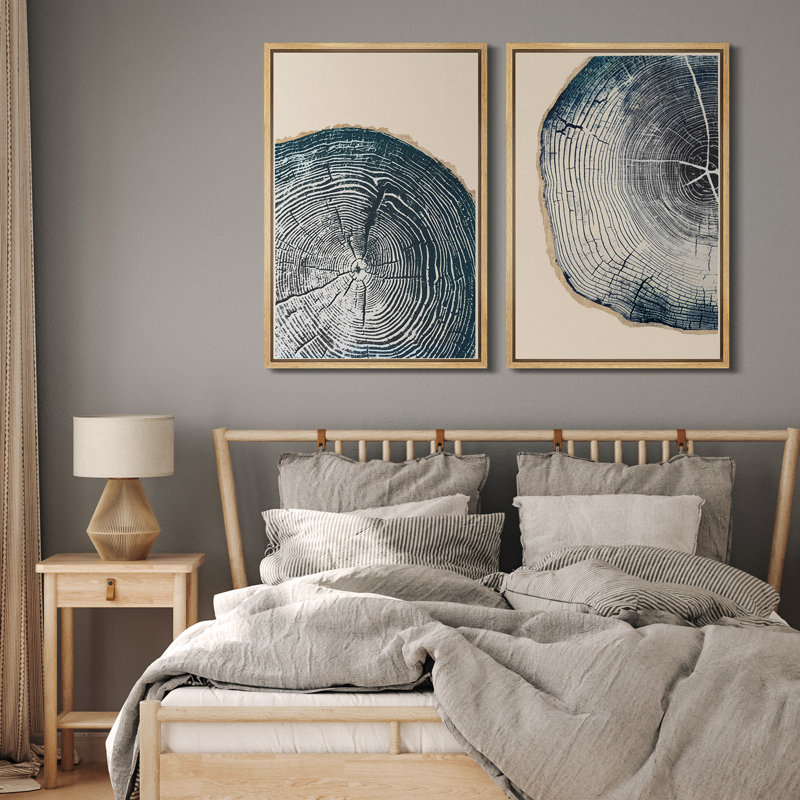 Navy Blue Wood Tree Ring Simple Minimalist Modern Artwork Framed Canvas 2 Pieces Print Wall Art, 48" W x 36" H