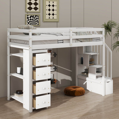 Structure de lit mezzanine en bois avec 4 tiroirs et tablettes de rangement, lit mezzanine simple avec escalier de rangement