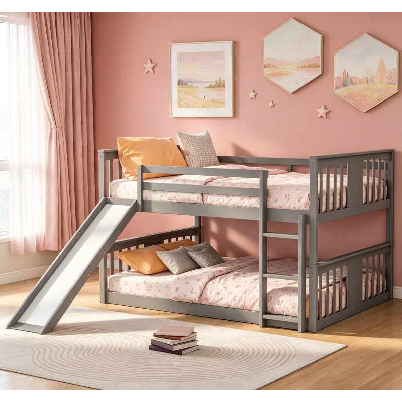 Lit double superposé au-dessus d'un lit double avec échelle et toboggan, gris, conception compacte et durable pour les chambres modernes