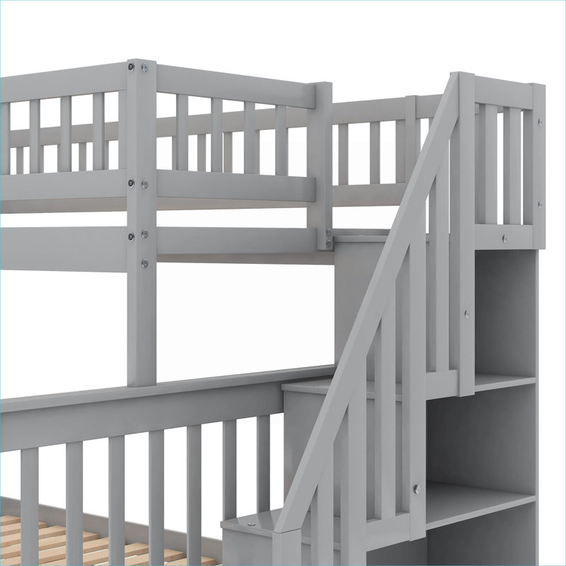 Gray-toned solid pine stairway bunk bed frame, twin over full configuration with convertible split design and side storage