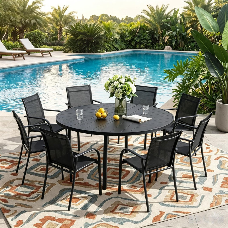 Table d'extérieur en métal, table ronde pour 6 personnes avec trou pour parasol, table de patio au design minimaliste moderne