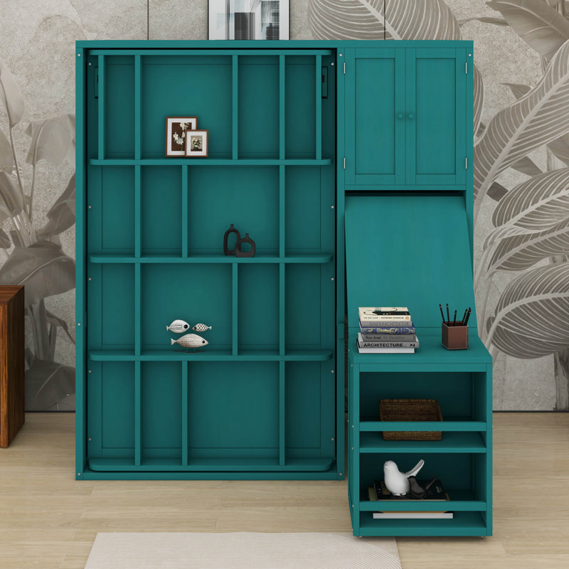 Lit escamotable mural simple avec bibliothèque, armoire supérieure, bureau extensible et rangement latéral, Sarcelle