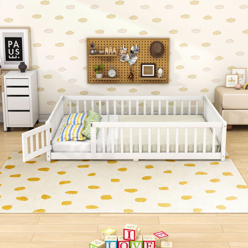Floor Bed With Safety Guardrails And Door, Full, White