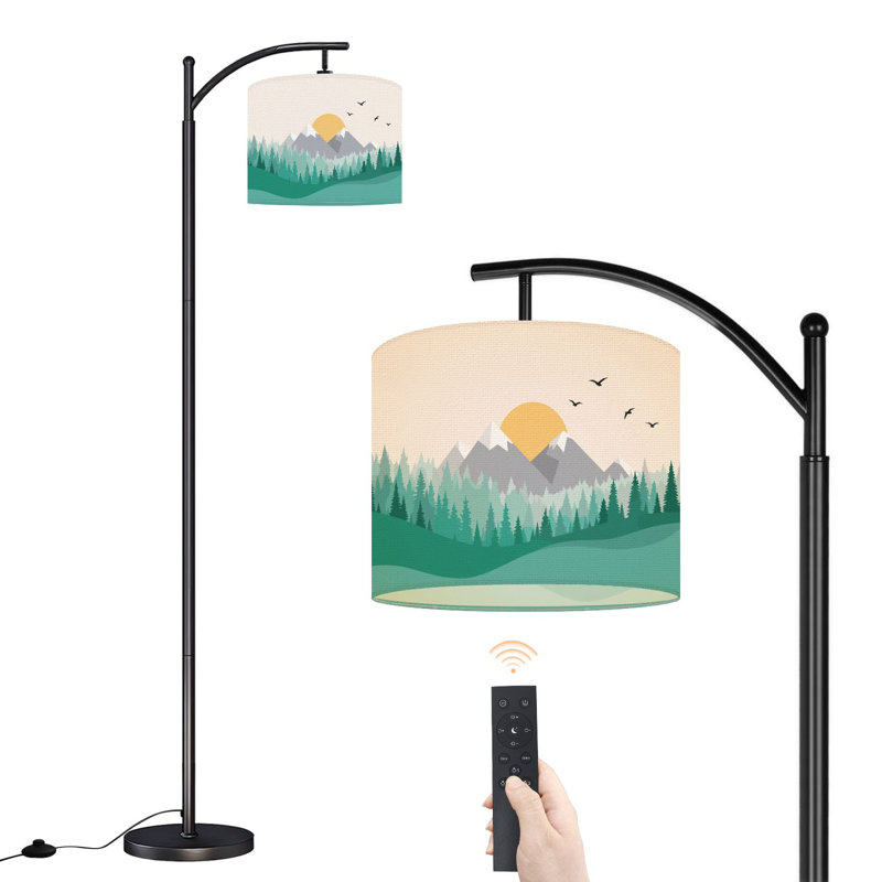 Lampe sur pied à arc avec abat-jour réglable paysage de montagne soleil levant oiseaux aux tons pastel doux lampe sur pied 3 températures de couleur à intensité variable avec mât pour la chambre à coucher
