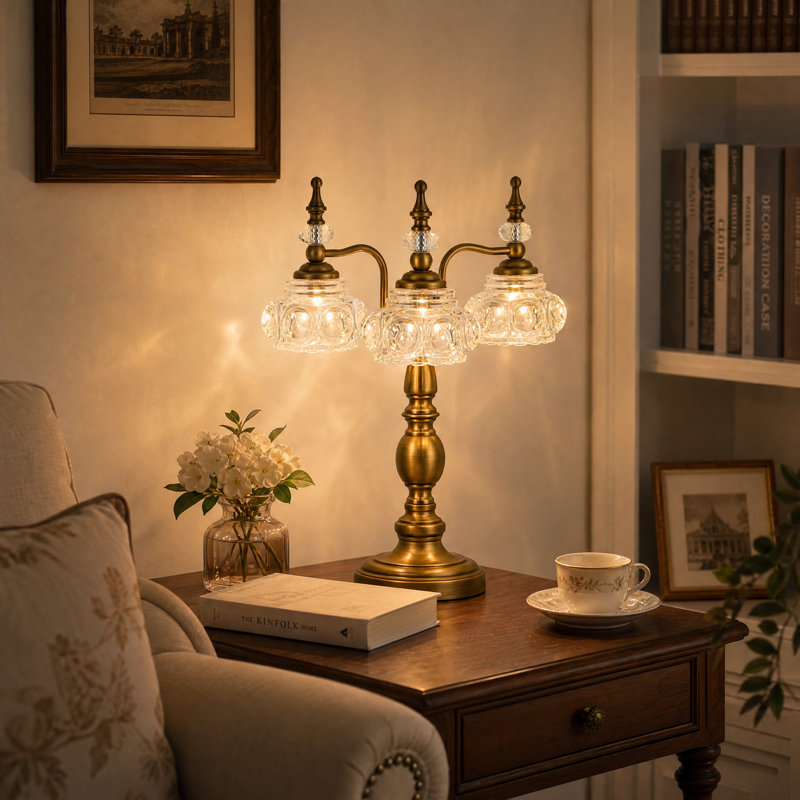 3‑Light Antique Brass Table Lamp