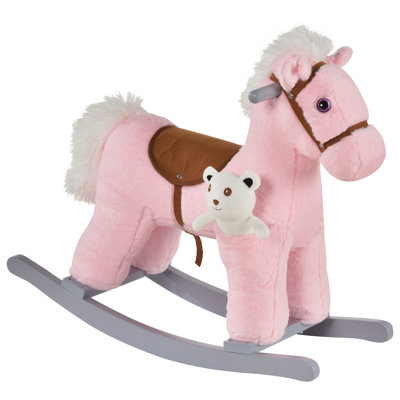 Qaba  Plush Ride-On Rocking Horse With Bear Toy, Children Chair With Soft Plush Toy & Fun Realistic Sounds, Pink