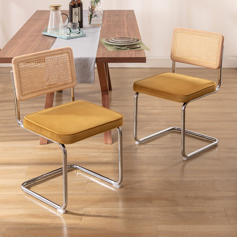Yellow Velvet Upholstered Side Chair with Chrome Legs and Cane Back
