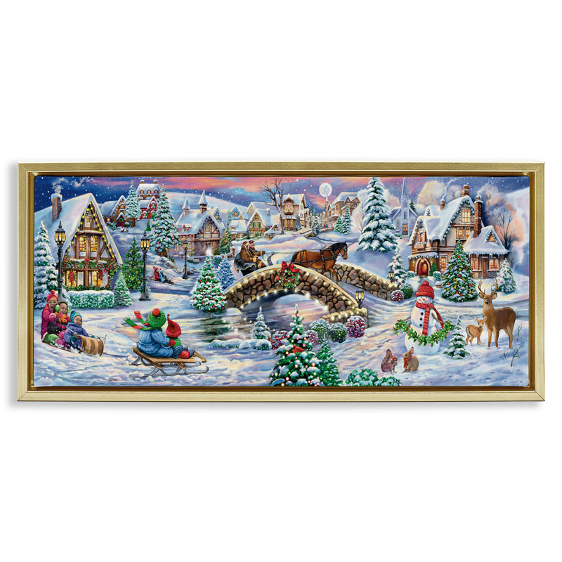 "Snowy Winter Townscape", art mural par Grateful Licensing, Cadre flottant métallique doré, H 14 po x l 31 po