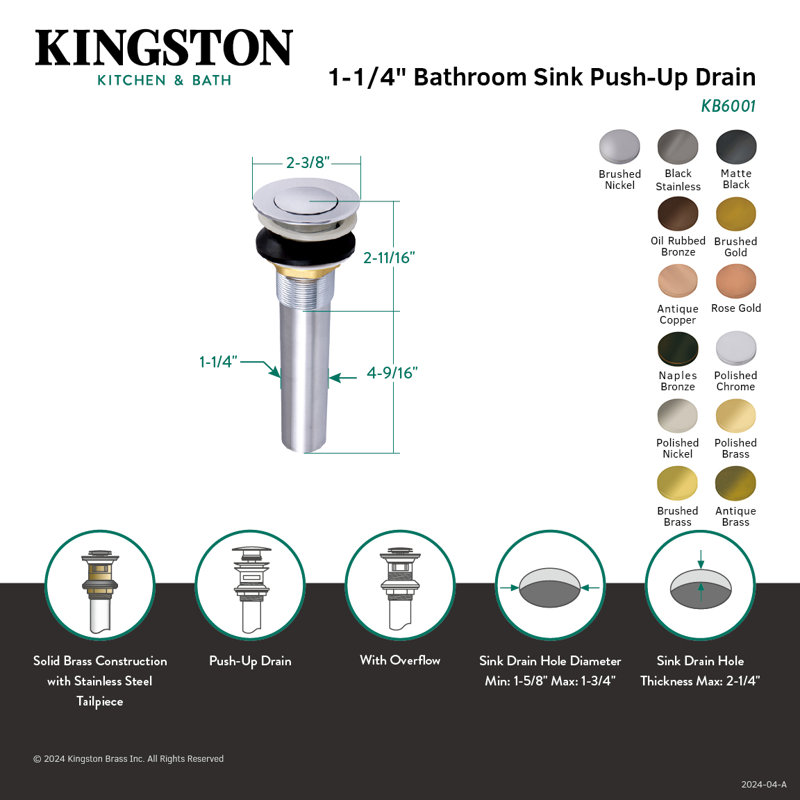 Kingston Brass Complement Brass Push Pop-Up Bathroom Sink Drain with Overflow, Brushed Nickel