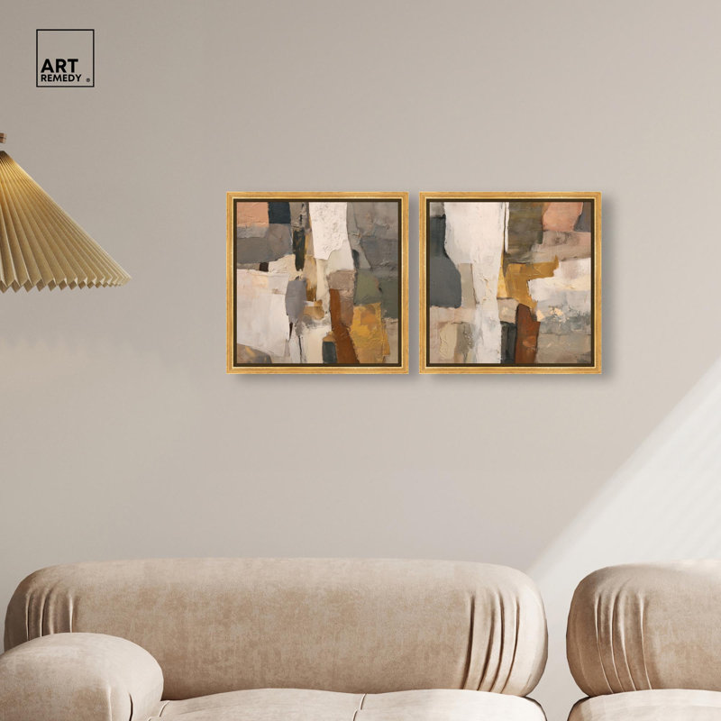Patchwork Plains Set Canvas Print Beige Wall Decor Set by Art Remedy, Black Frame, 12 x 12, 13" H x 13" W, Gold Frame