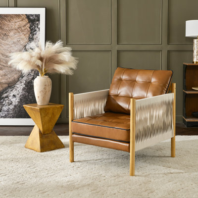 28.7'' W Top-grain Genuine Leather Accent Chair With Fabric Tape Wrapped Arms