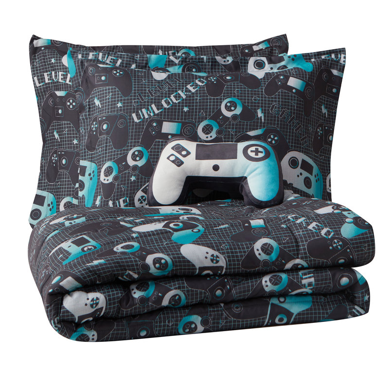 Full Gray and Aqua Microfiber Reversible Kids Comforter Set