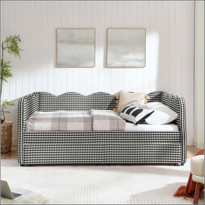 Lit de jour confortable en vichy avec deux tiroirs de rangement, avec port USB et adorable tissu en forme de vague