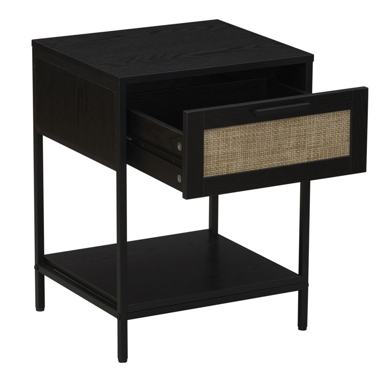 Mock Rattan Drawer Side Table, Black Top/Black Base