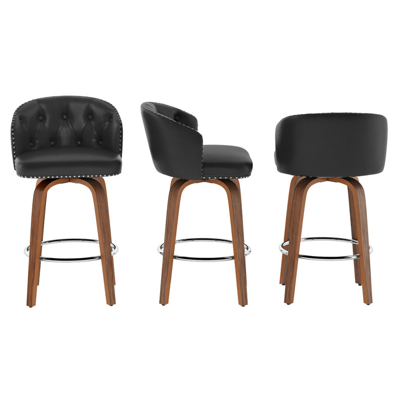 Swivel Upholstered Counter & Bar Stool With Wood Frame (Set Of 3), 3, Black/Walnut
