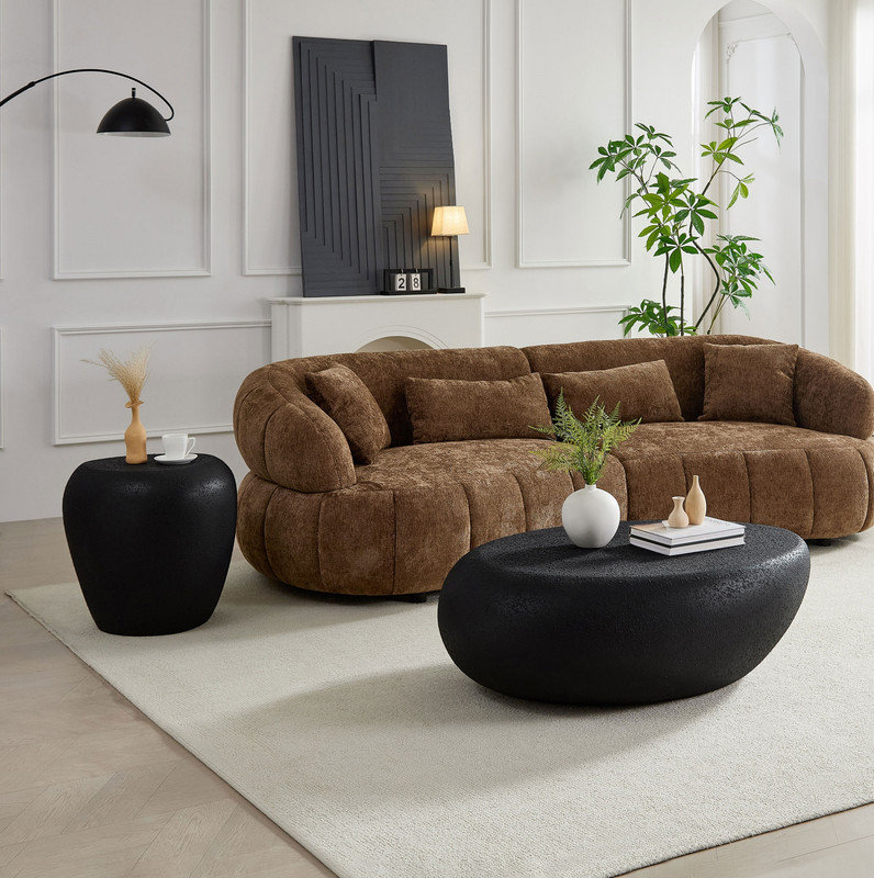 2PCS Fibreglass Elliptical Coffee Table Set for Living Room,Matte Rocks Table front of the Sofa, Irregular Centre Table and Side Table,No Need Assembly,Black