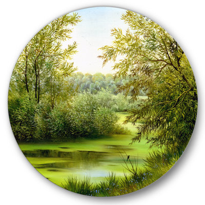 Étang vert avec arbres printaniers - reproduction d'art