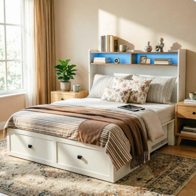 Queen Size Murphy Bed Cabinet with Charging Station & RGB LED Lights, Storage Drawers & Shelves, Mattress Not Included