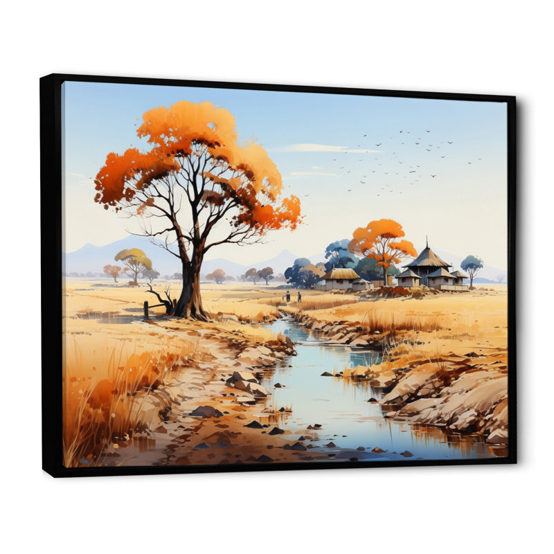 «Orange Orange Beige, Village africain, Visions I», reproduction sur toile, Cadre flottant noir, H 34 po x l 44 po x P 1,5 po