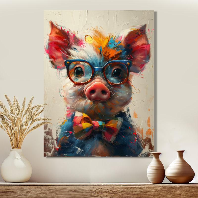 Curieux portrait de cochon rose vert - Décoration murale animal cochon, Toile tendue, H 40 po x l 30 po x P 1,5 po