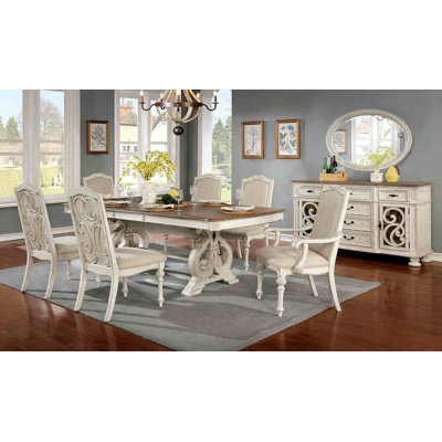 96" Rectangular Solid Wood 7 Pieces Dining Table Set in Antique White