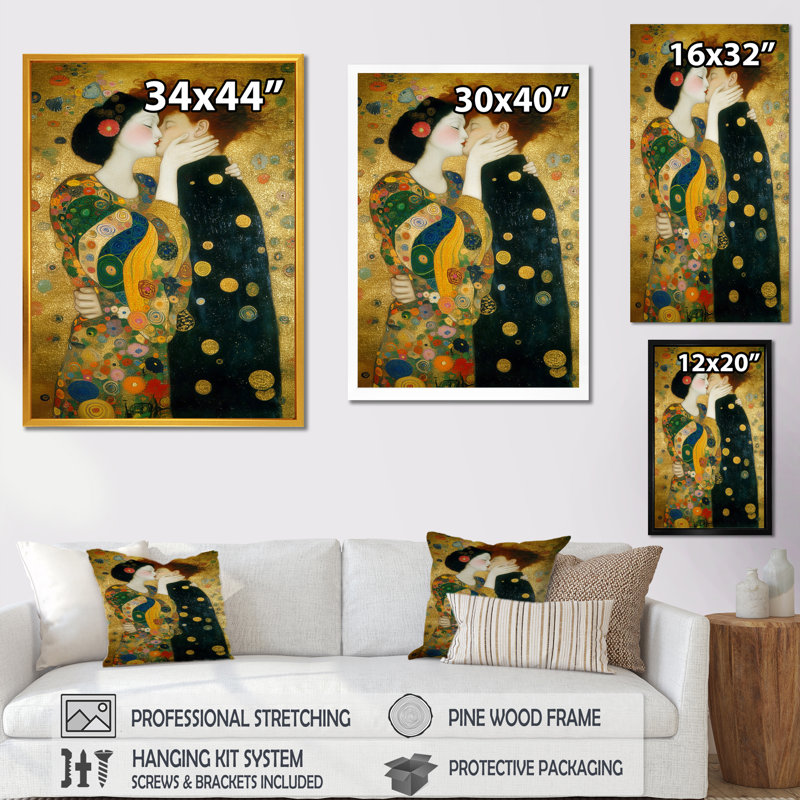 Impression intime sur toile, "Couple intime", H 60 po x l 28 po, Cadre flottant, Doré
