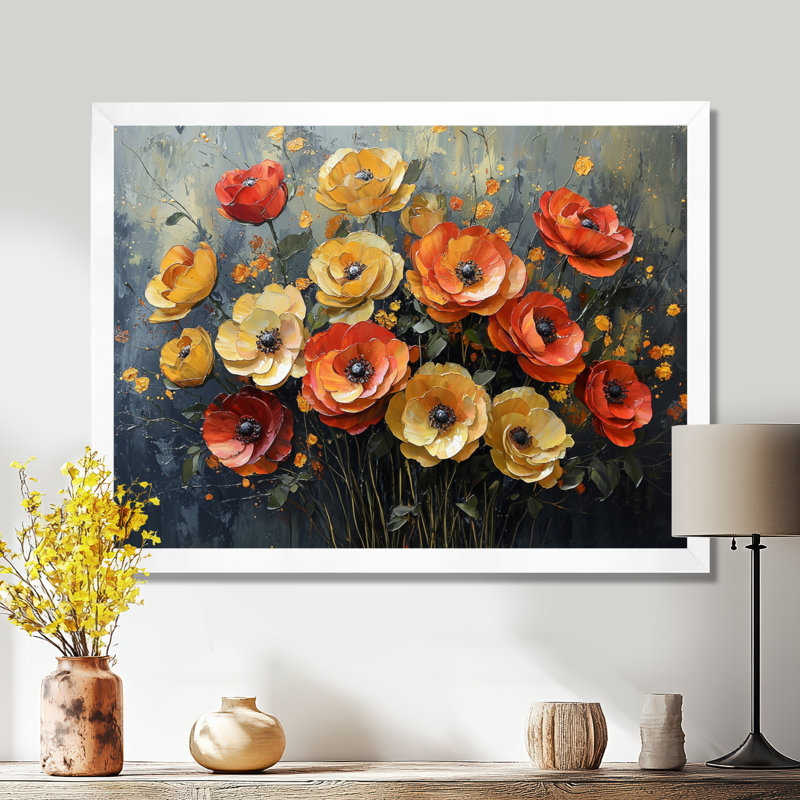 Coucher de soleil sur fond de rose dans le vent I - Roses, art mural, H 16 po x l 32 po, Cadre flottant, Blanc