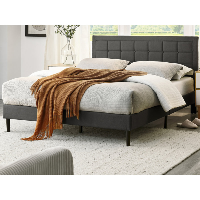 Mornington Dark Grey Linen Upholstered Queen Platform Bed Frame with Tufted Headboard