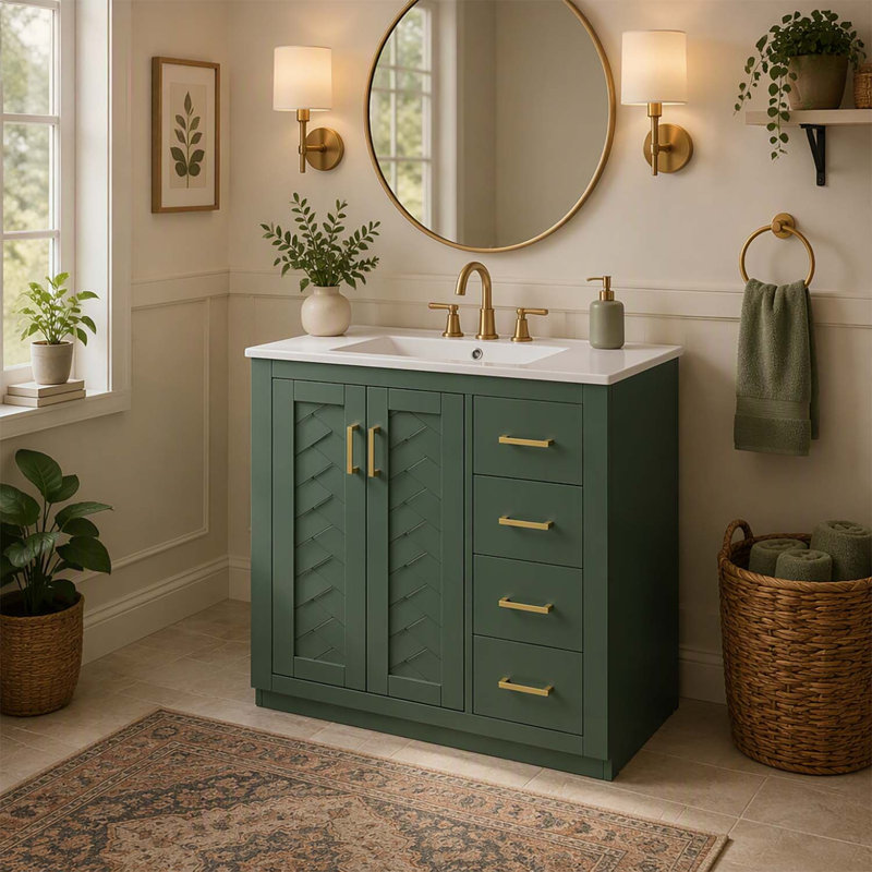 Meuble-lavabo de salle de bain de 76 cm (30 po) avec lavabo en céramique, cadre en bois, armoire de rangement autoportante avec 3 tiroirs et portes à fermeture douce